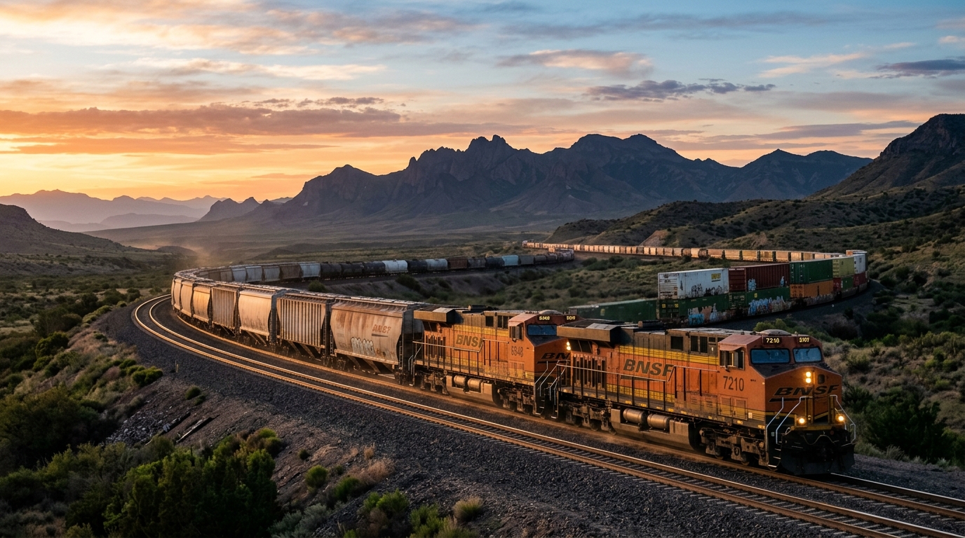 Modern LNG-powered freight locomotive crossing the American Southwest