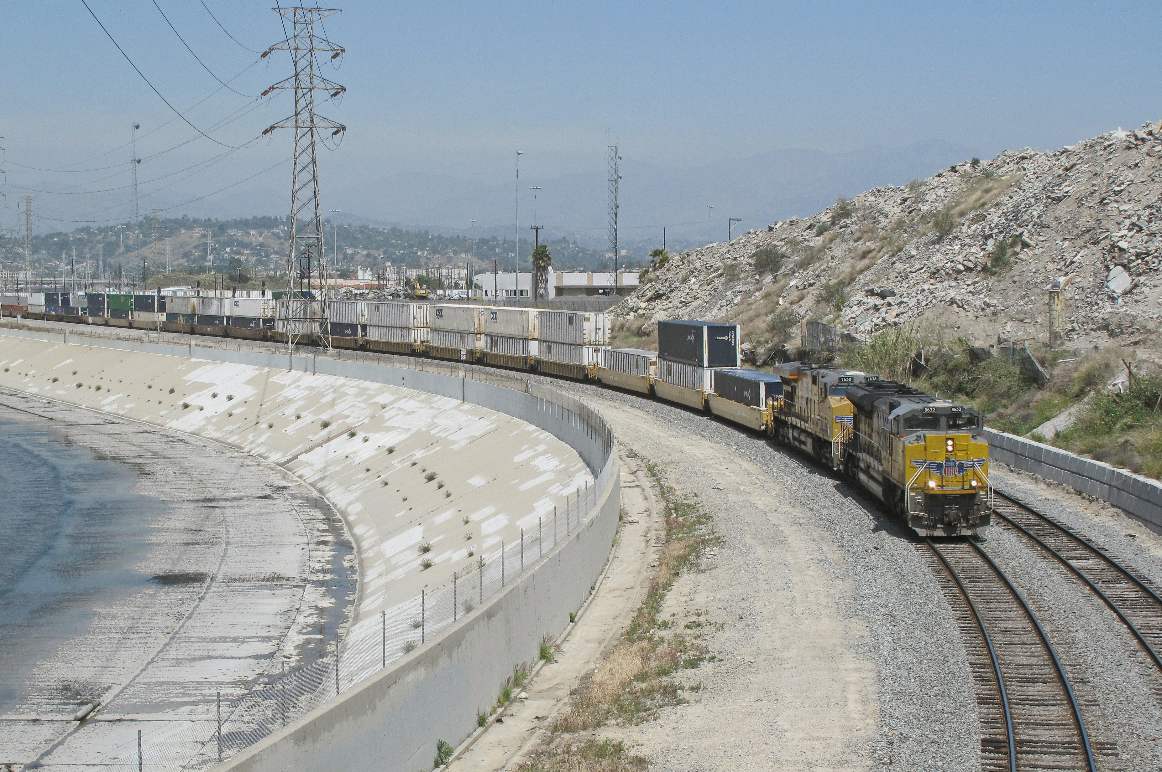 Union Pacific freight locomotive hauling a container train near Union Station, Los Angeles